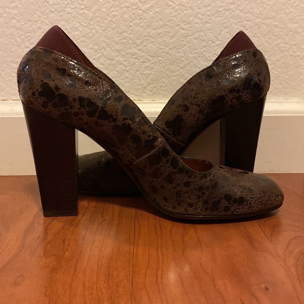 🎉HP Donald J Pliner Leather Shoes Sz 7, TwoTone Brown, chunky 4” “Casey” - Picture 13 of 17